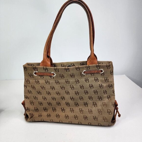 Dooney & Bourke Khaki Signature Monogram Canvas Tan Leather Tassel Tote - Picture 8 of 16